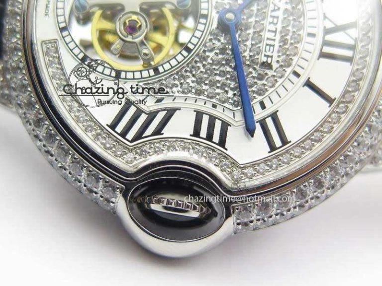 Ballon Bleu De Cartier Tourbillon SS Full Paved Diamonds On Black Leather Strap ComfortFit 6321