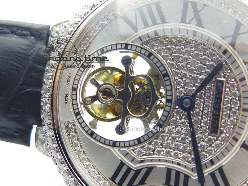 Ballon Bleu De Cartier Tourbillon SS Full Paved Diamonds On Black Leather Strap ComfortFit 6321