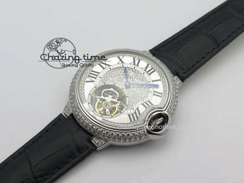 Ballon Bleu De Cartier Tourbillon SS Full Paved Diamonds On Black Leather Strap ComfortFit 6321