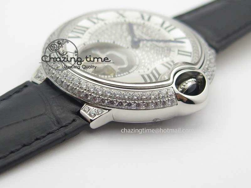 Ballon Bleu De Cartier Tourbillon SS Full Paved Diamonds On Black Leather Strap ComfortFit 6321
