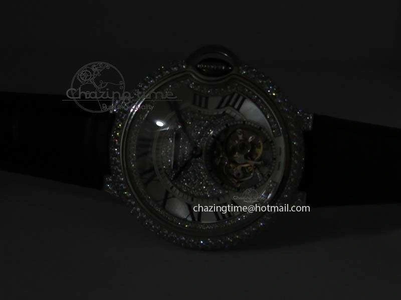 Ballon Bleu De Cartier Tourbillon SS Full Paved Diamonds On Black Leather Strap ComfortFit 6321