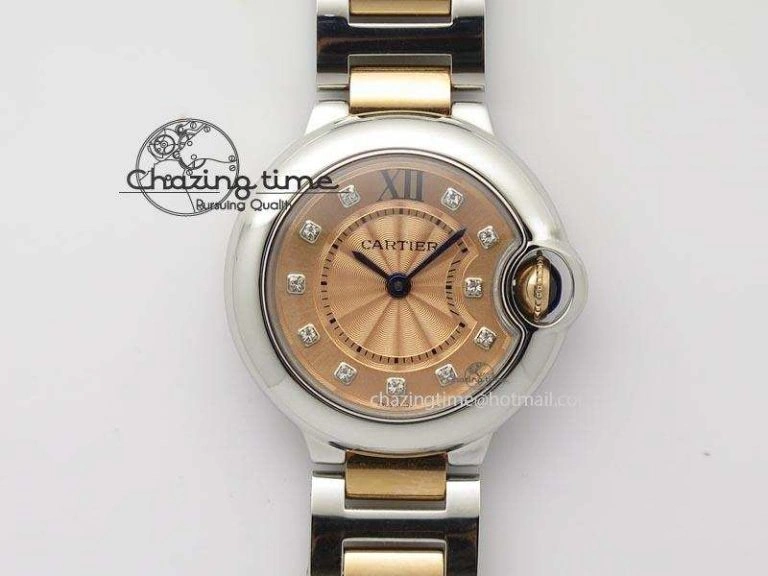 Ballon Bleu De V6 28.5mm SS RG Champagne Gold Dial On SS RG Bracelet Ronda Quartz QuickDry 10785