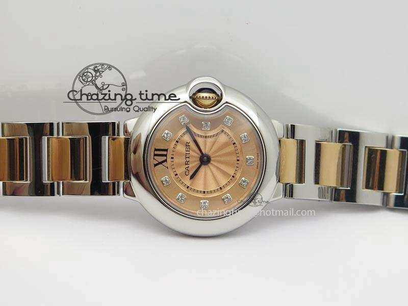 Ballon Bleu De V6 28.5mm SS RG Champagne Gold Dial On SS RG Bracelet Ronda Quartz QuickDry 10785