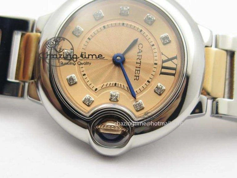 Ballon Bleu De V6 28.5mm SS RG Champagne Gold Dial On SS RG Bracelet Ronda Quartz QuickDry 10785