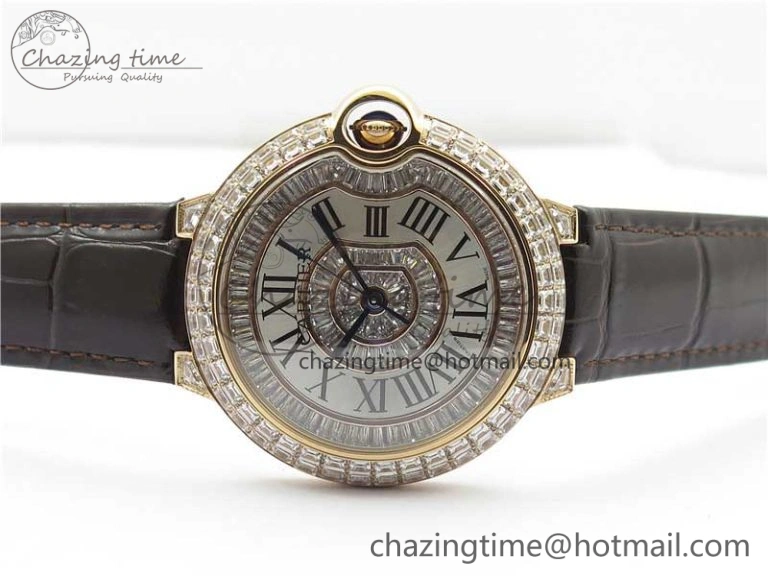Ballon Bleu T Diamond RG Full Paved Diamonds with Roman Markers Dial on Brown Leather Strap Miyota Unique 6094