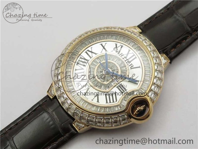 Ballon Bleu T Diamond RG Full Paved Diamonds with Roman Markers Dial on Brown Leather Strap Miyota Unique 6094