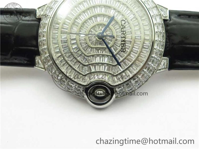 Ballon Bleu T Diamond SS Full Paved Diamonds Dial on Black Leather Strap Miyota Reliable 6090
