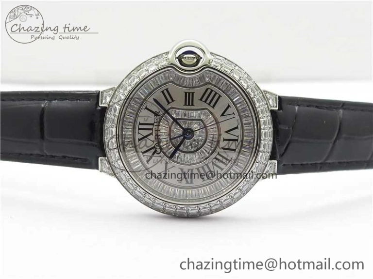 Ballon Bleu T Diamond SS Full Paved Diamonds with Roman Markers Dial on Black Leather Strap Miyota Affordable 6089