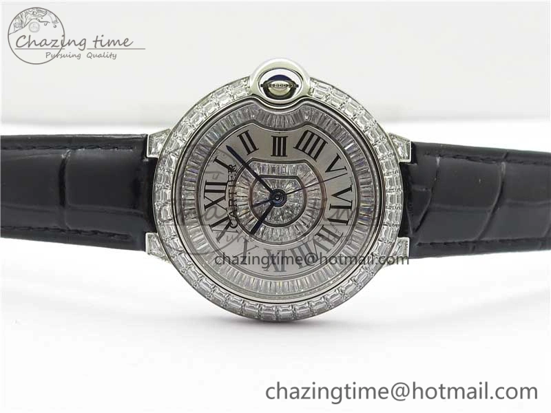 Ballon Bleu T Diamond SS Full Paved Diamonds with Roman Markers Dial on Black Leather Strap Miyota Affordable 6089