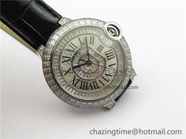 Ballon Bleu T Diamond SS Full Paved Diamonds with Roman Markers Dial on Black Leather Strap Miyota Affordable 6089