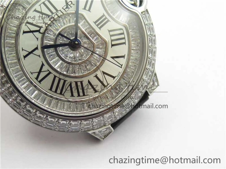 Ballon Bleu T Diamond SS Full Paved Diamonds with Roman Markers Dial on Black Leather Strap Miyota Affordable 6089