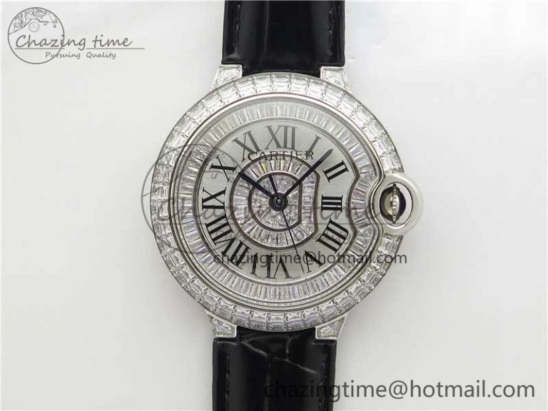 Ballon Bleu T Diamond SS Full Paved Diamonds with Roman Markers Dial on Black Leather Strap Miyota Affordable 6089