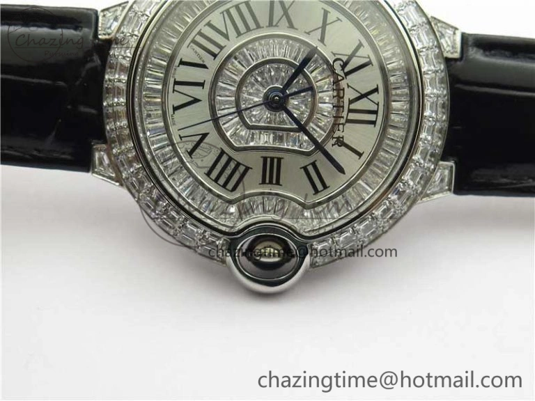 Ballon Bleu T Diamond SS Full Paved Diamonds with Roman Markers Dial on Black Leather Strap Miyota Affordable 6089