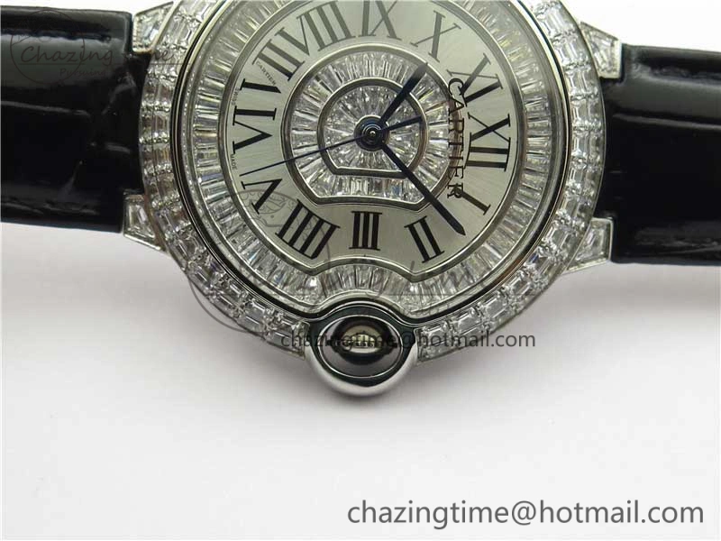 Ballon Bleu T Diamond SS Full Paved Diamonds with Roman Markers Dial on Black Leather Strap Miyota Affordable 6089