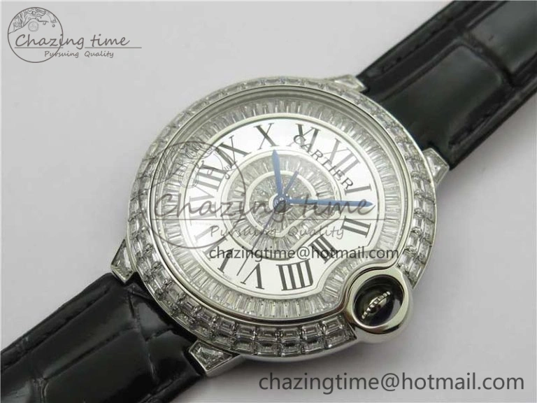 Ballon Bleu T Diamond SS Full Paved Diamonds with Roman Markers Dial on Black Leather Strap Miyota Affordable 6089