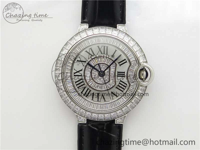 Ballon Bleu T Diamond SS Full Paved Diamonds with Roman Markers Dial on Black Leather Strap Miyota Affordable 6089