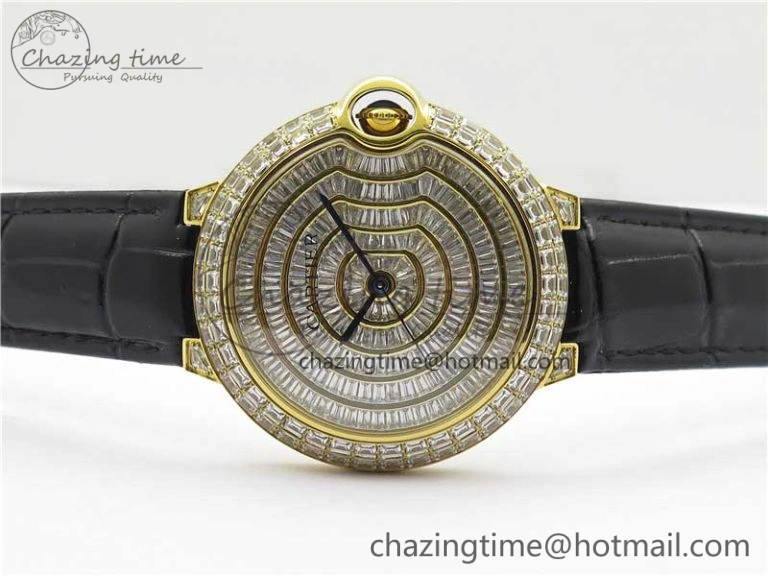 Trendy Ballon Bleu T Diamond YG Full Paved Diamonds Dial on Black Leather Strap Miyota 6091