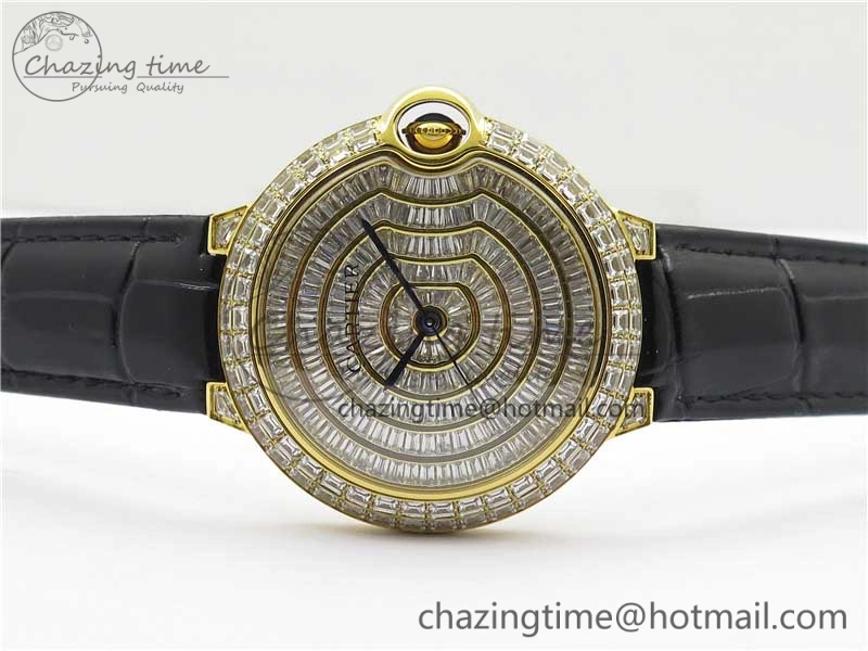 Trendy Ballon Bleu T Diamond YG Full Paved Diamonds Dial on Black Leather Strap Miyota 6091