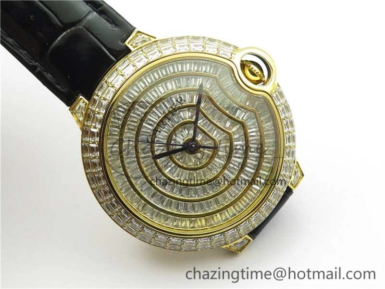 Trendy Ballon Bleu T Diamond YG Full Paved Diamonds Dial on Black Leather Strap Miyota 6091