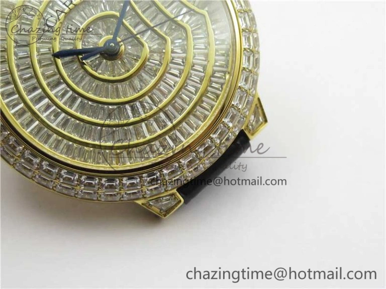 Trendy Ballon Bleu T Diamond YG Full Paved Diamonds Dial on Black Leather Strap Miyota 6091