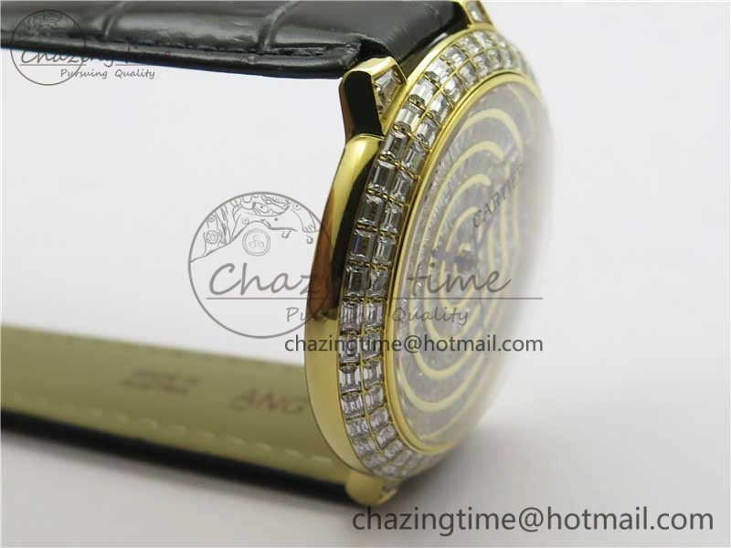 Trendy Ballon Bleu T Diamond YG Full Paved Diamonds Dial on Black Leather Strap Miyota 6091