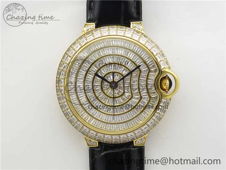 Trendy Ballon Bleu T Diamond YG Full Paved Diamonds Dial on Black Leather Strap Miyota 6091