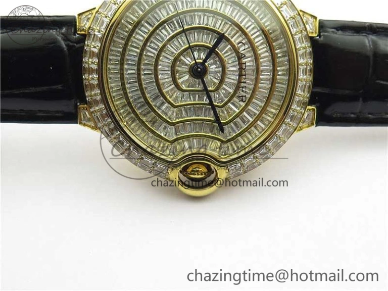 Trendy Ballon Bleu T Diamond YG Full Paved Diamonds Dial on Black Leather Strap Miyota 6091
