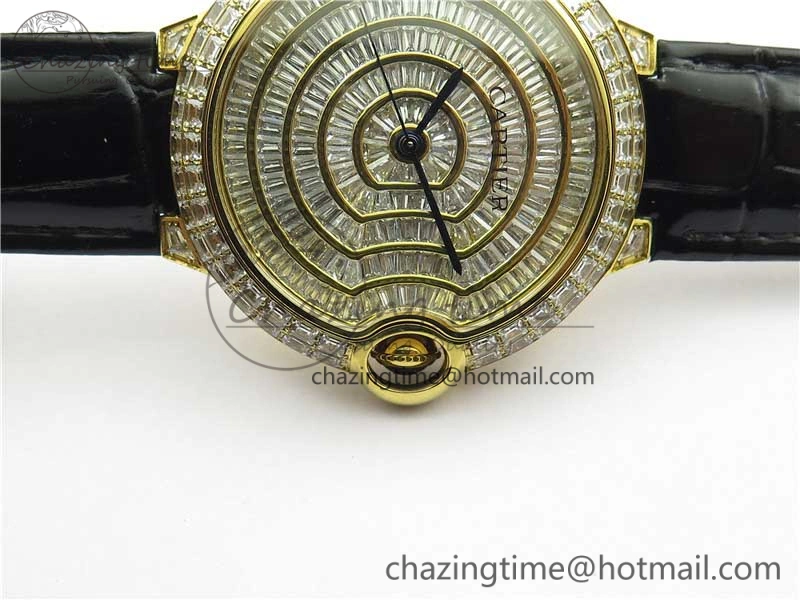 Trendy Ballon Bleu T Diamond YG Full Paved Diamonds Dial on Black Leather Strap Miyota 6091
