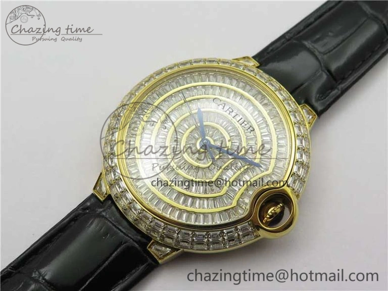 Trendy Ballon Bleu T Diamond YG Full Paved Diamonds Dial on Black Leather Strap Miyota 6091