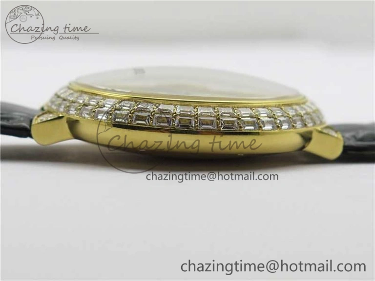 Refined Ballon Bleu T Diamond YG Full Paved Diamonds with Roman Markers Dial on Black Leather Strap Miyota 6092