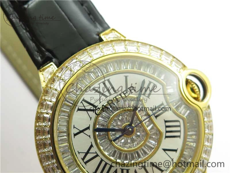 Refined Ballon Bleu T Diamond YG Full Paved Diamonds with Roman Markers Dial on Black Leather Strap Miyota 6092