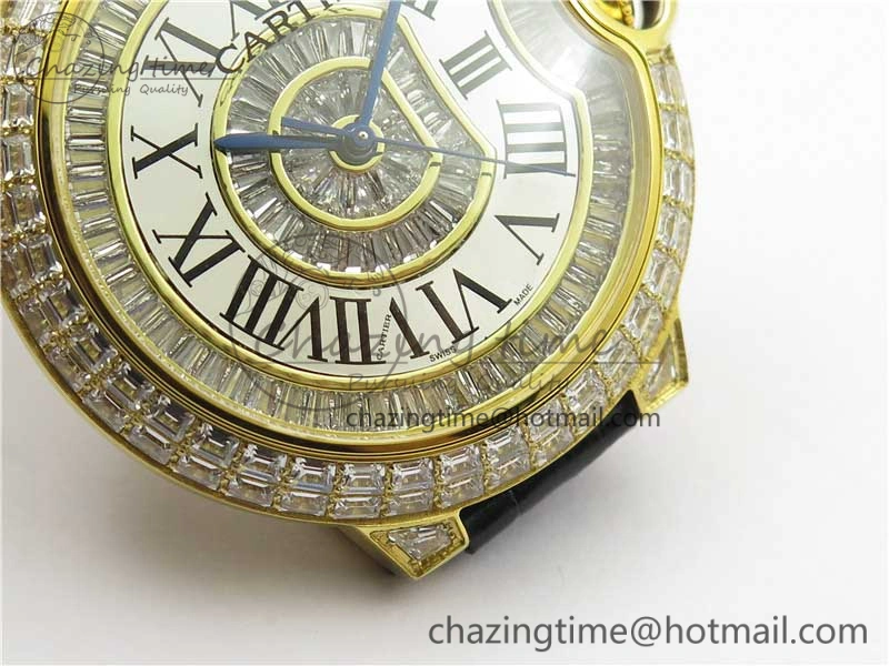 Refined Ballon Bleu T Diamond YG Full Paved Diamonds with Roman Markers Dial on Black Leather Strap Miyota 6092