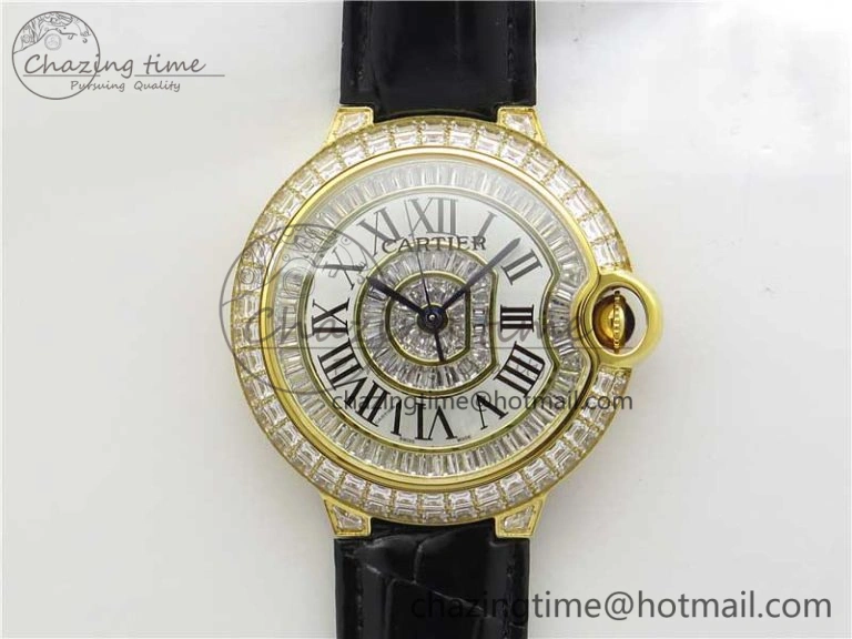 Refined Ballon Bleu T Diamond YG Full Paved Diamonds with Roman Markers Dial on Black Leather Strap Miyota 6092