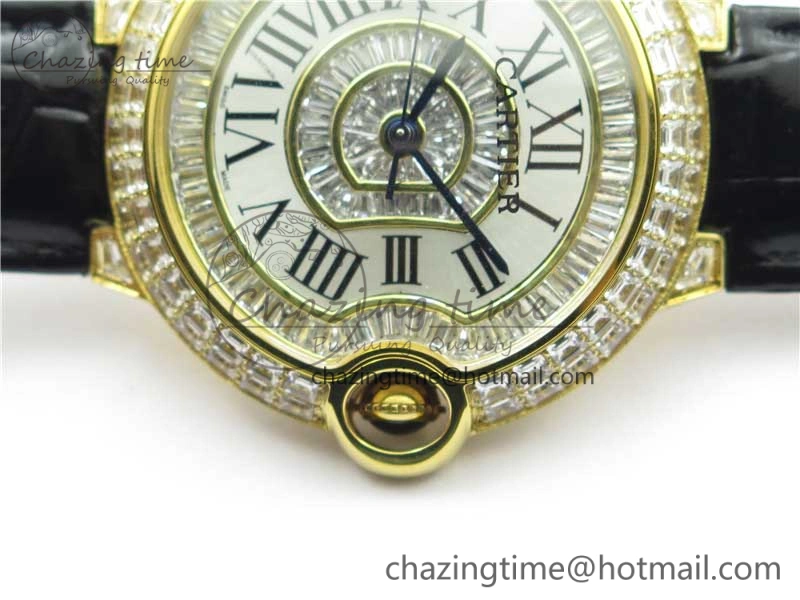 Refined Ballon Bleu T Diamond YG Full Paved Diamonds with Roman Markers Dial on Black Leather Strap Miyota 6092