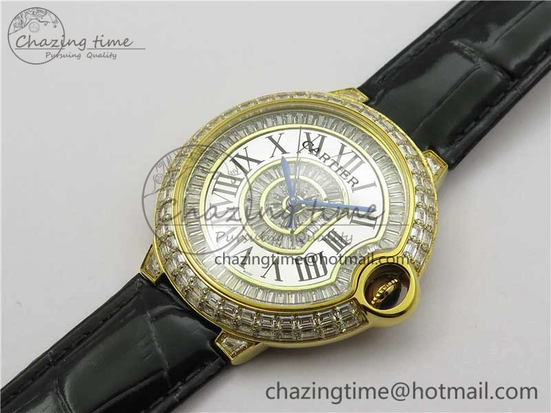 Refined Ballon Bleu T Diamond YG Full Paved Diamonds with Roman Markers Dial on Black Leather Strap Miyota 6092