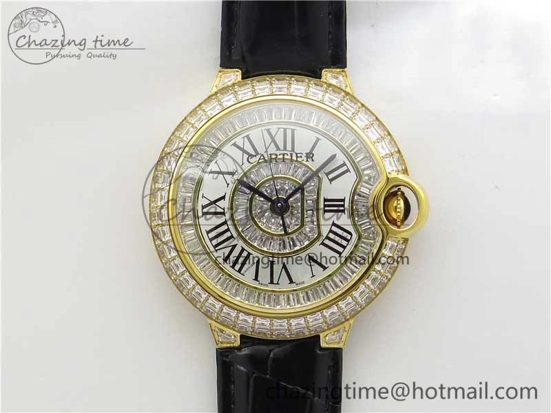 Refined Ballon Bleu T Diamond YG Full Paved Diamonds with Roman Markers Dial on Black Leather Strap Miyota 6092