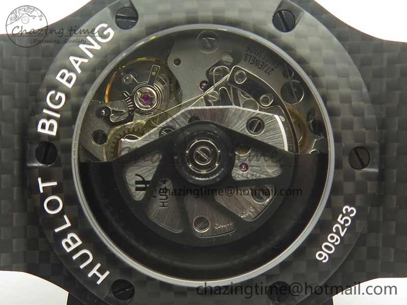 Big Bang 44mm Full Carbon Fiber 3AF CF Dial Silver Markers Hands on Black Rubber Strap HUB QuickDry 6894