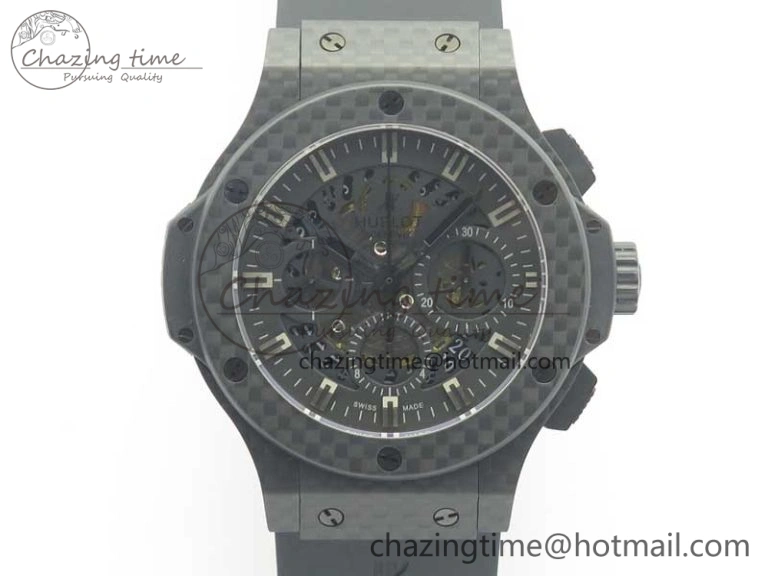 Big Bang 44mm Full Carbon Fiber 3AF Skeleton Dial Black Markers Hands on Black Rubber Strap HUB SmoothTexture 6892