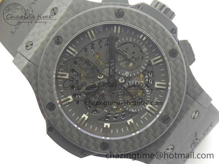 Big Bang 44mm Full Carbon Fiber 3AF Skeleton Dial Black Markers Hands on Black Rubber Strap HUB SmoothTexture 6892