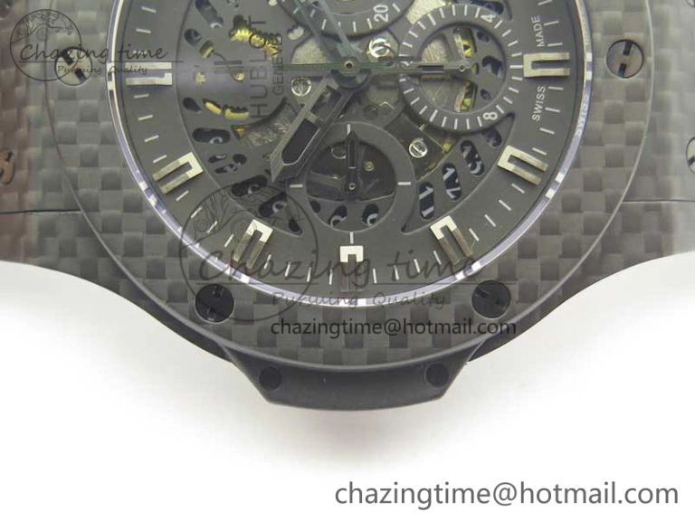 Big Bang 44mm Full Carbon Fiber 3AF Skeleton Dial Black Markers Hands on Black Rubber Strap HUB SmoothTexture 6892