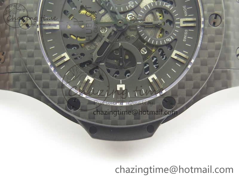 Big Bang 44mm Full Carbon Fiber 3AF Skeleton Dial Black Markers Hands on Black Rubber Strap HUB SmoothTexture 6892