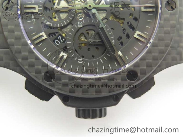 Big Bang 44mm Full Carbon Fiber 3AF Skeleton Dial Black Markers Hands on Black Rubber Strap HUB SmoothTexture 6892