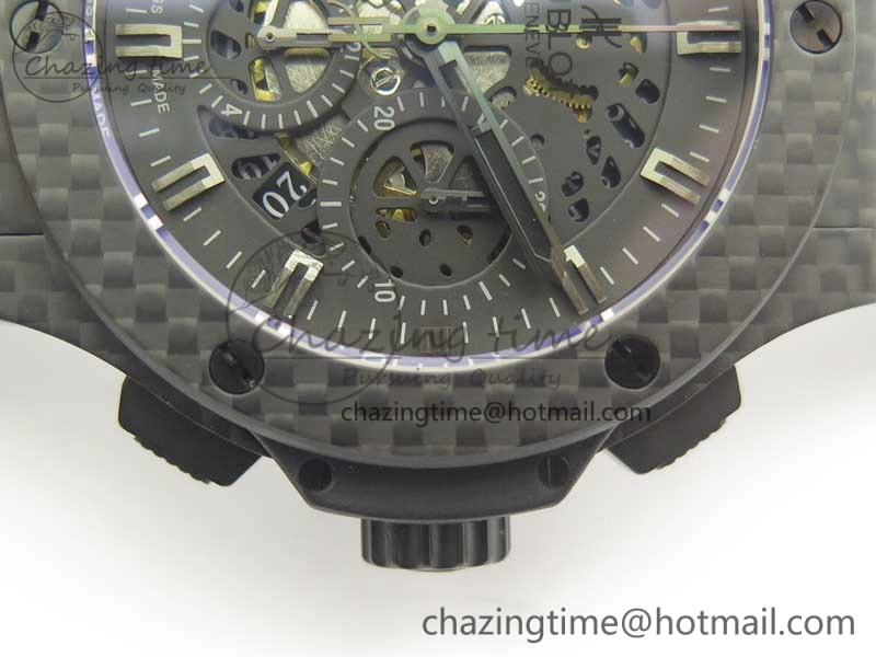 Big Bang 44mm Full Carbon Fiber 3AF Skeleton Dial Black Markers Hands on Black Rubber Strap HUB SmoothTexture 6892