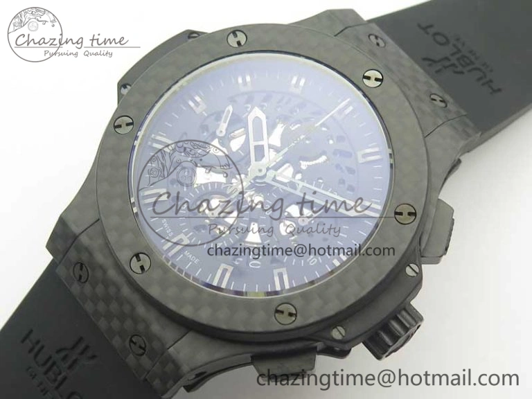 Big Bang 44mm Full Carbon Fiber 3AF Skeleton Dial Black Markers Hands on Black Rubber Strap HUB SmoothTexture 6892