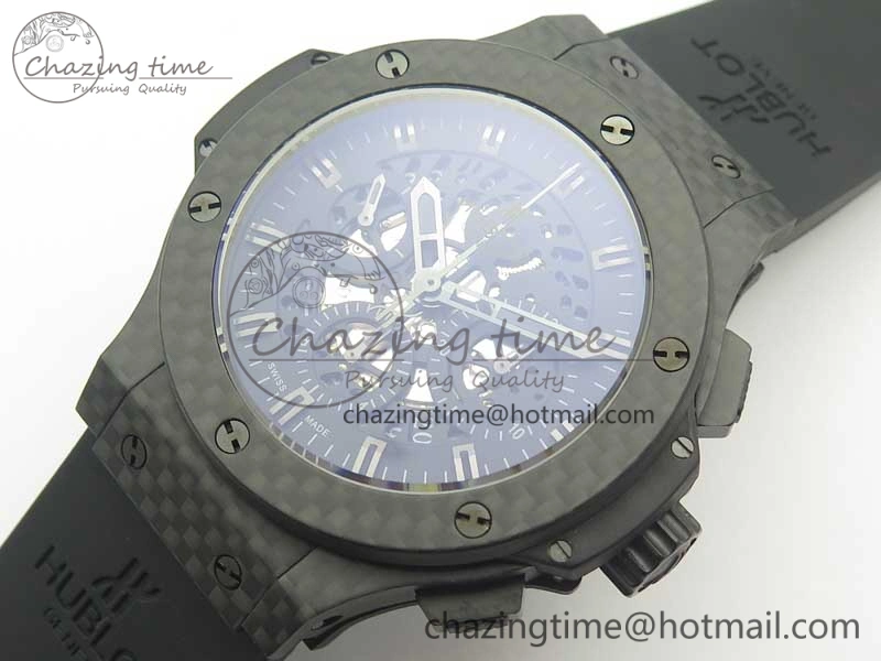 Big Bang 44mm Full Carbon Fiber 3AF Skeleton Dial Black Markers Hands on Black Rubber Strap HUB SmoothTexture 6892