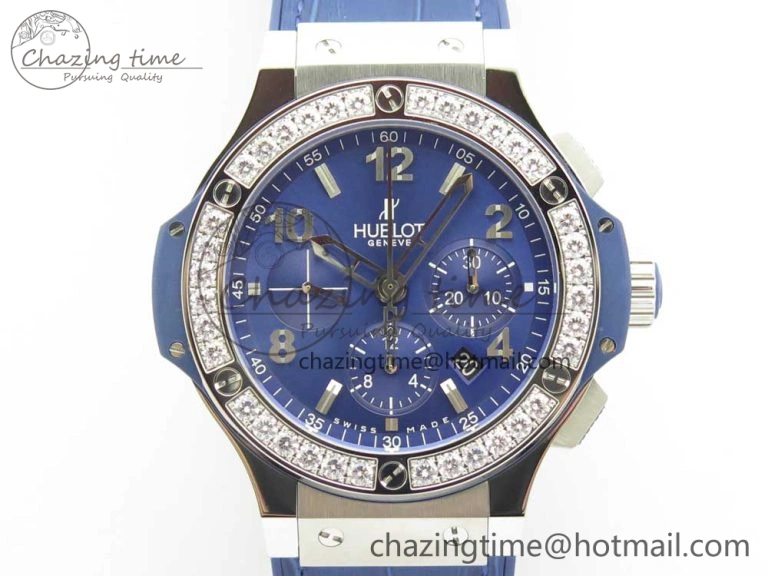Big Bang 44mm SS V6F 1:1 Best Edition Blue Dial Diamonds Bezel on Blue Gummy Strap HUB AllSeason 6853
