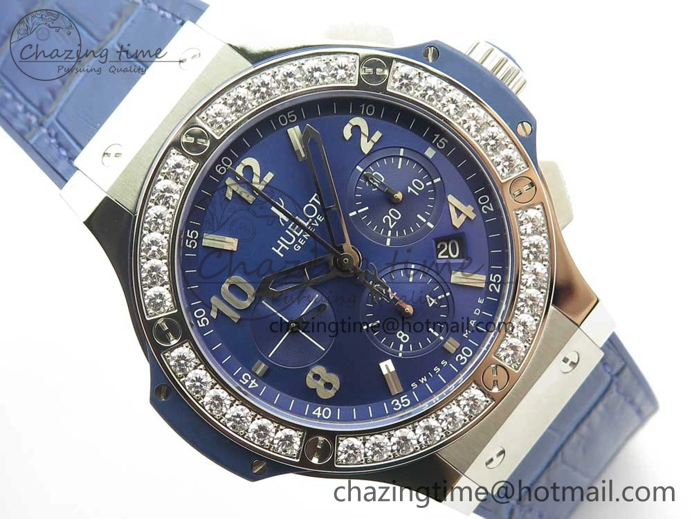 Big Bang 44mm SS V6F 1:1 Best Edition Blue Dial Diamonds Bezel on Blue Gummy Strap HUB AllSeason 6853