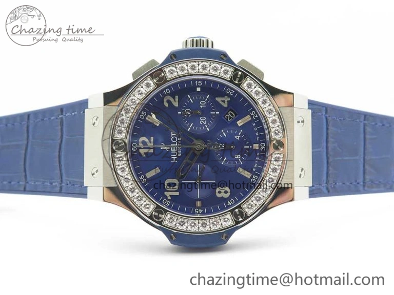 Big Bang 44mm SS V6F 1:1 Best Edition Blue Dial Diamonds Bezel on Blue Gummy Strap HUB AllSeason 6853