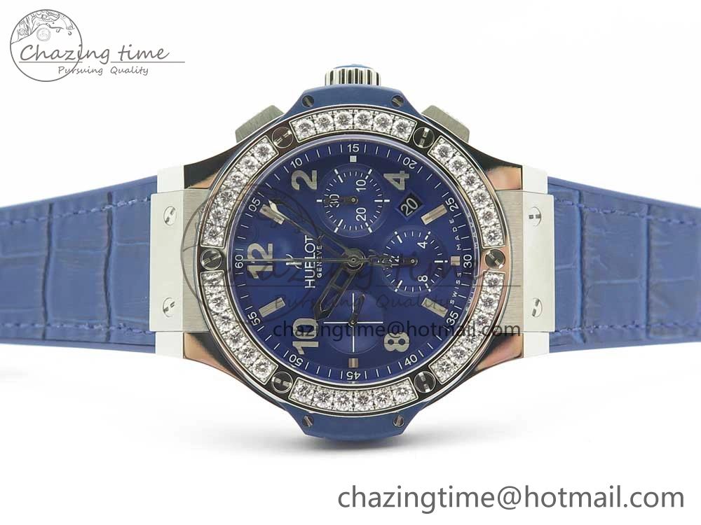 Big Bang 44mm SS V6F 1:1 Best Edition Blue Dial Diamonds Bezel on Blue Gummy Strap HUB AllSeason 6853