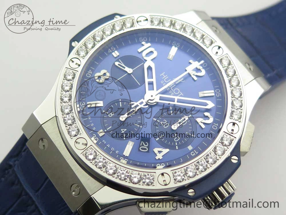 Big Bang 44mm SS V6F 1:1 Best Edition Blue Dial Diamonds Bezel on Blue Gummy Strap HUB AllSeason 6853